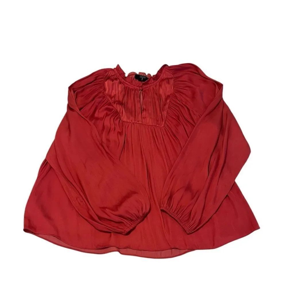 Tahari szM long sleeve silky shiny flowy gathered bodice key hole neckline EUC